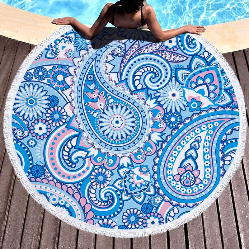 Violet Mist Blue Paisley Round Beach Blanket 60" Soft Microfibre Circular Beach Towel Throw with Fringe Large Sand Free Circle Beach Blanket with Tassels for Women Travel Swimming Pool Picnic Towel - Image 1